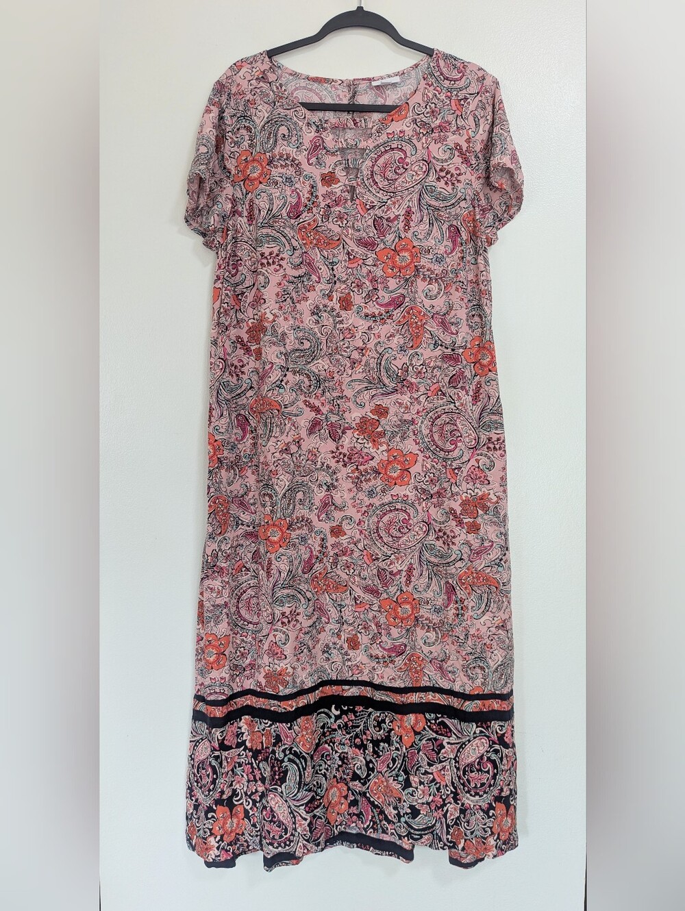 J. Jill Size Large Pink Paisley Floral Lattice V-Neck Maxi Dress